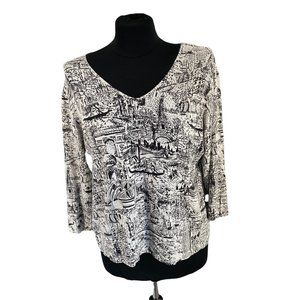Chicos Womens Crop Top 2 Large White Black Art Graphic 3/4 Sleeve Soft Casual